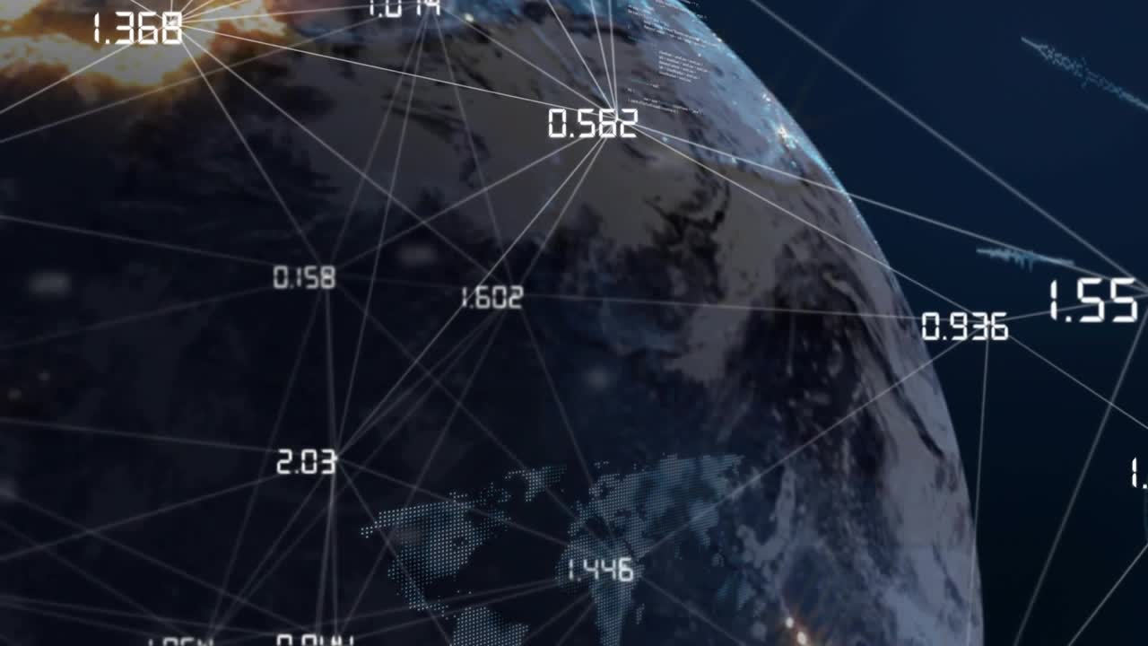 Earth rotating revealing hemisphere, mesh flashing nodes, drifting satellites mapping connectivity