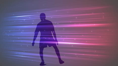 animation of colourful light trails over silhouette of male football player on grey background