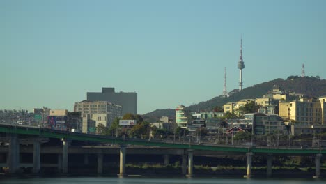 the historic namsan tower was the first radio transmission tower in korea and dominates the seoul city skyline in the yongsan district of the city