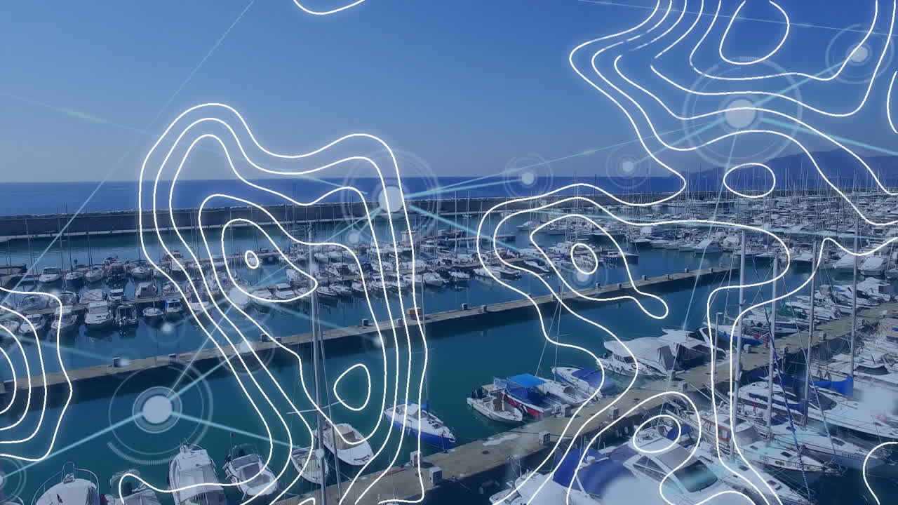 연결 네트워크와 배경의 항구에 대한  ⁇ 색 지도 선의 애니메이션