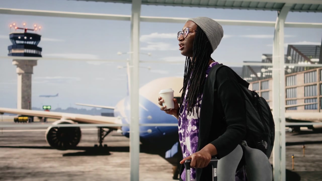 Donna in un affollato terminal aeroportuale in viaggio verso la destinazione con una tazza di caffè.