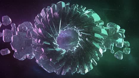 a stunning visual of fragmented crystals forming a cosmic portal, capturing the symphony of light and color in a mysterious universe setting