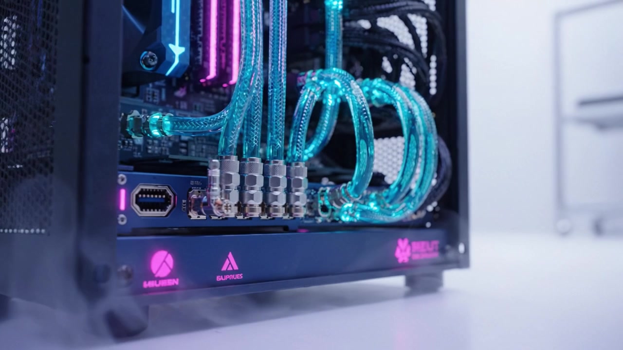 High-Performance Custom Water-Cooled Gaming PC Featuring Vibrant Tubing and Advanced Cooling Systems for Optimal Temperature Control and Aesthetic Presentation