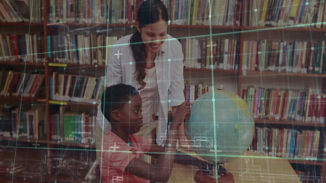 Student grabbing earth globe and spinning in library while teacher guiding geography lesson