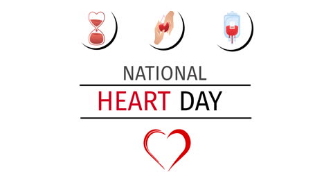 animation of national heart day text over heart and blood icons on white background