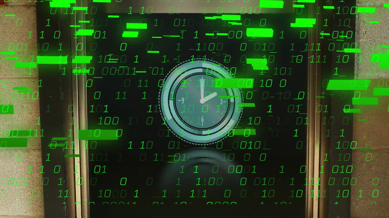 Circular analog clock rotating on 3D dark display panel, showcasing binary glitch blocks