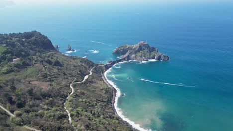 Gaztelugatxe-Rock-Island-in-Bay-of-Biscay,-Basque-Country,-North-Spain---Aerial-4k