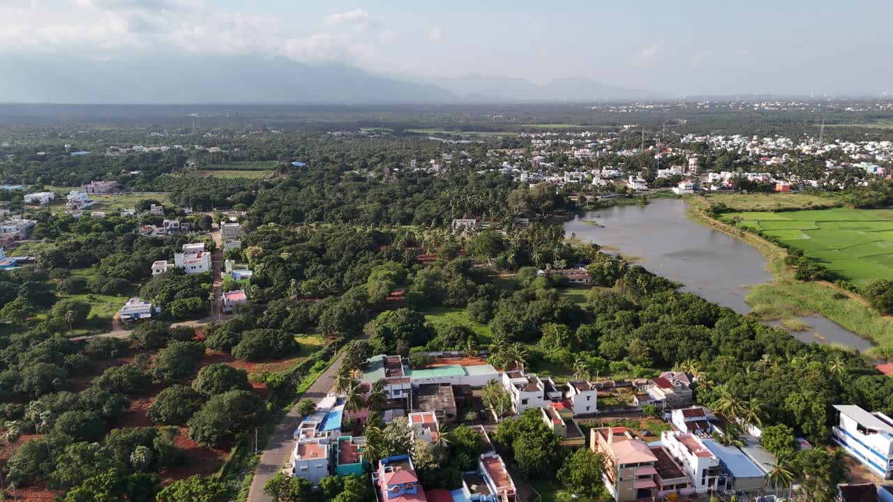 Aerial view of Tamil Nadu’s fertile plains with lush paddy fields, coconut groves, scattered homes, and serene irrigation lakes reflecting rural harmony