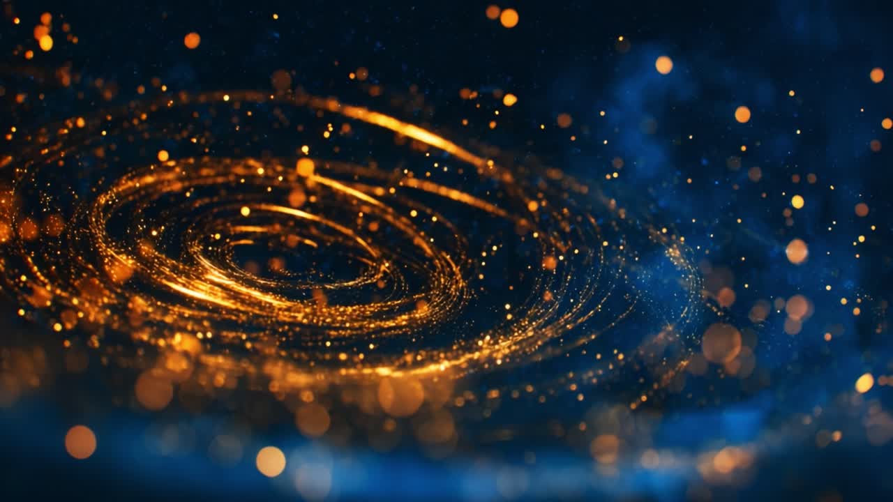 A mesmerizing visual of swirling golden particles against a deep blue background, creating an enchanting atmosphere reminiscent of cosmic phenomena and vibrant energy