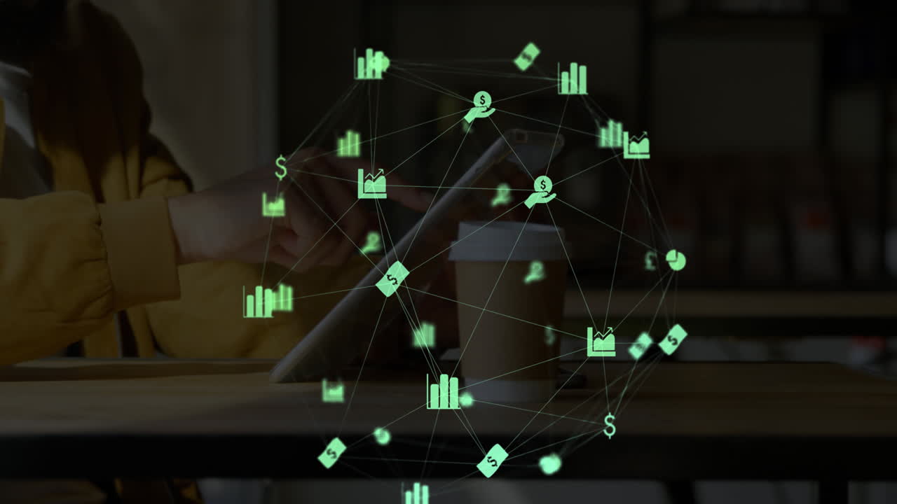 Digital composite video of digital icons against man using a digital tablet in background