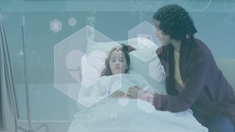 Animation-of-medical-data-processing-over-biracial-mother-with-girl-patient