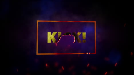 animation of white text kick, in gold frame, with red sparks on black background