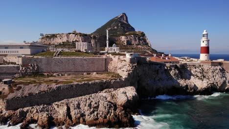 Waves-from-the-clear-blue-Mediterranean-splash-against-the-cliffs-below-the-recognizable-lighthouse-at-Europa-Point-against-the-backdrop-of-Gibraltar's-upper-rock