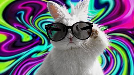 un conejo blanco gracioso con gafas de sol en el fondo de trippy