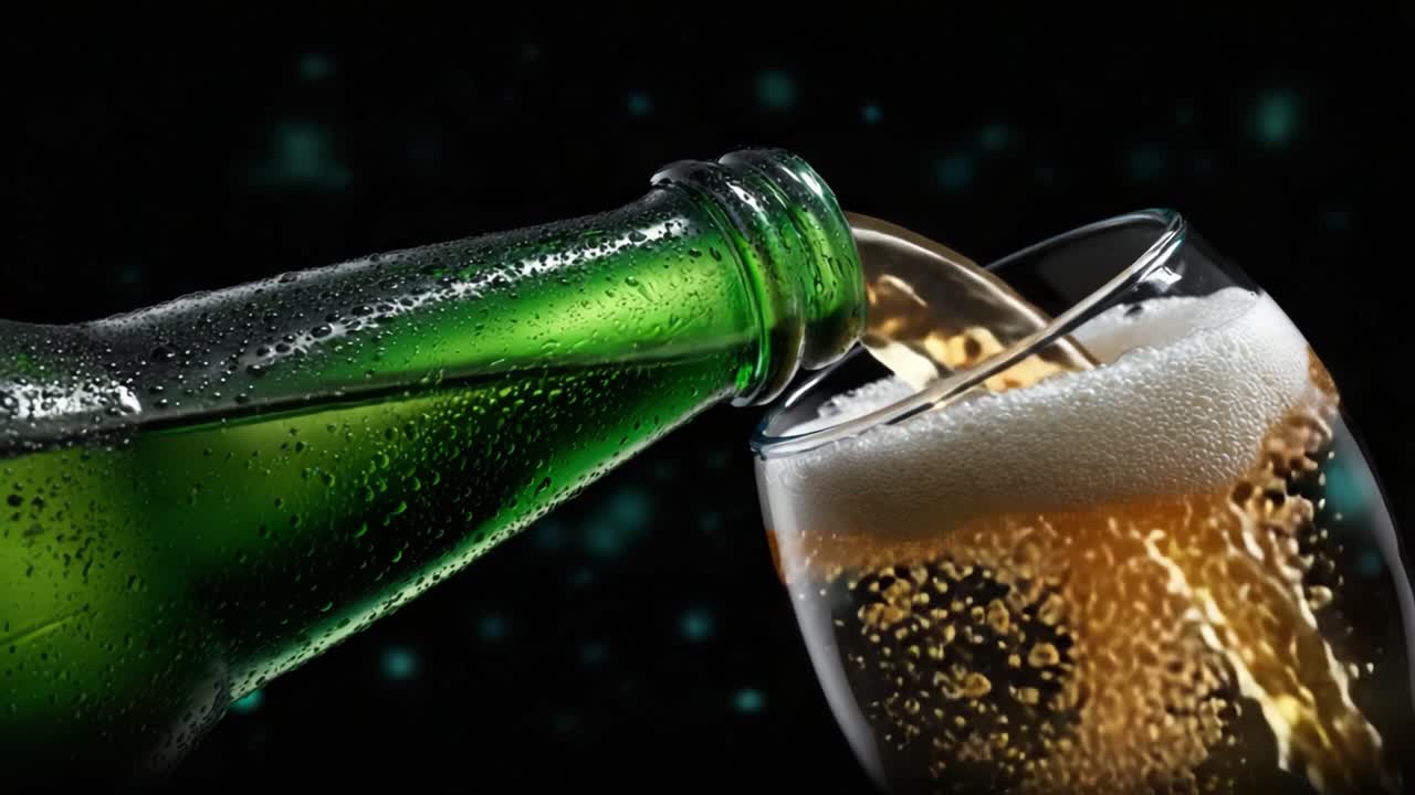 Versamento di bevanda rinfrescante: un primo piano di una bottiglia di vetro verde e birra schiumosa che riempie un bicchiere trasparente con bollicine e liquido ghiacciato su uno sfondo scuro.