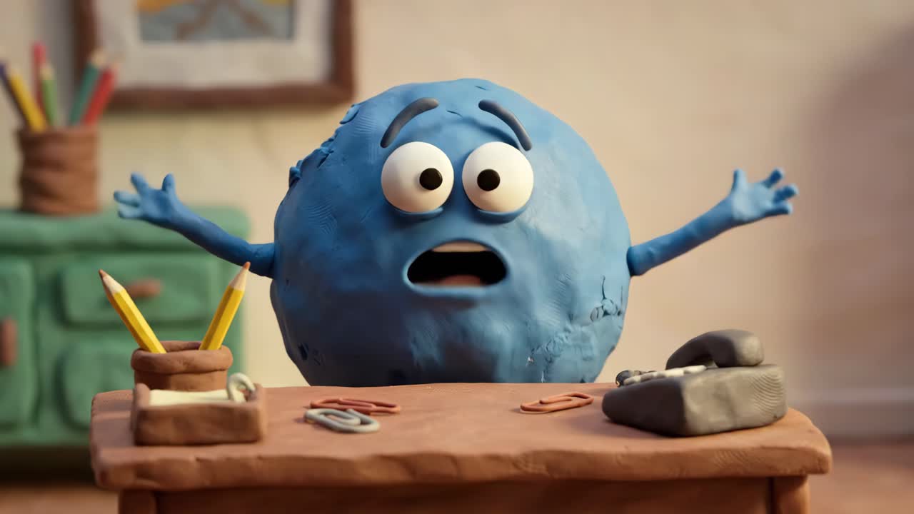 Personaggio in claymation che crolla per lo stress alla scrivania in ufficio
