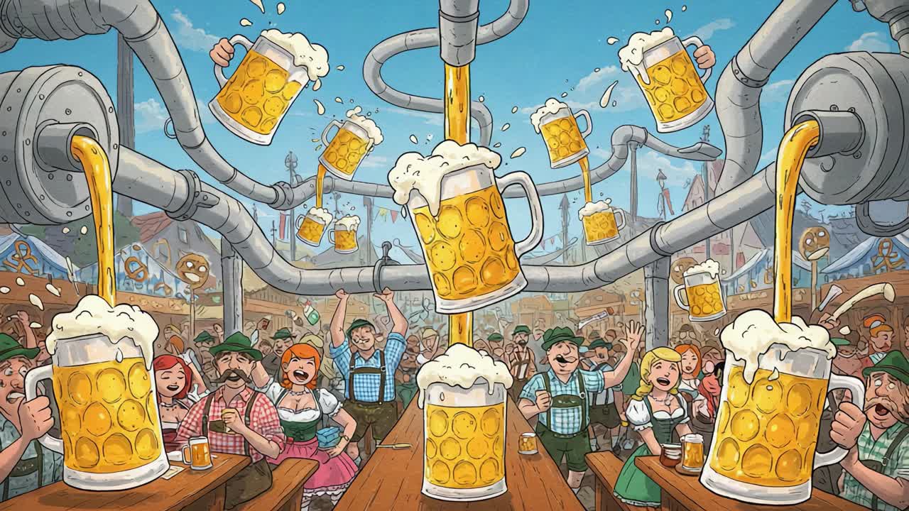 A Festive Celebration Featuring a Joyous Crowd Enjoying Beer Served From Creative Pipes, Capturing the Spirit of Fun and Togetherness in a Lively Setting