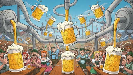 a festive celebration featuring a joyous crowd enjoying beer served from creative pipes, capturing the spirit of fun and togetherness in a lively setting