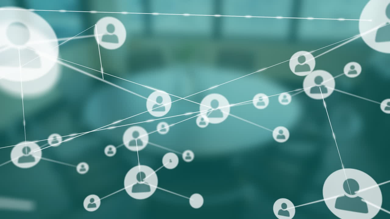 animación de la red de iconos de usuarios conectados sobre el fondo borroso de la oficina