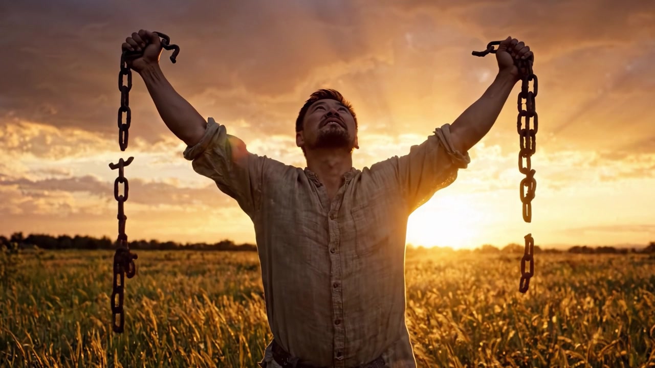 Una figura solitaria si erge in un campo dorato al tramonto, tenendo delle catene, incarnando temi di lotta e liberazione su uno sfondo di natura mozzafiato.