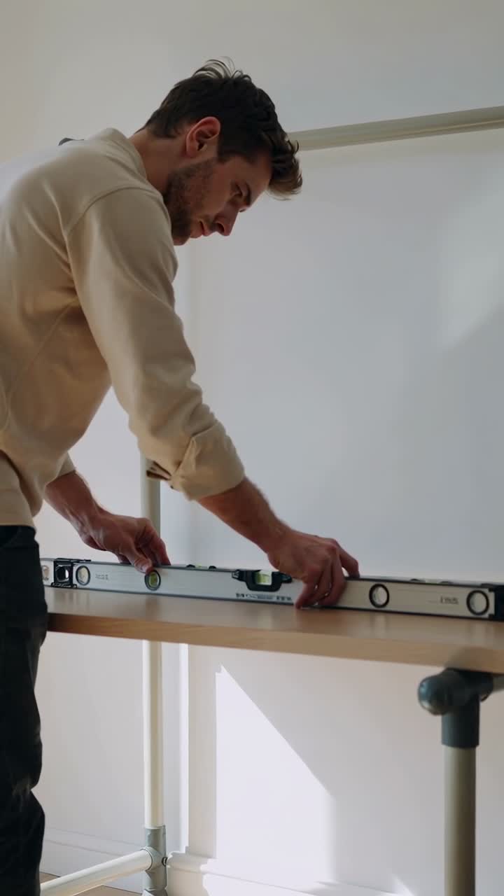 Uomo che posiziona una livella a bolla su una tavola di legno, facendola scorrere e controllando la bolla, assicurando l'allineamento per il fai da te