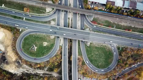 transport junction in autumn, top view from drone point of view