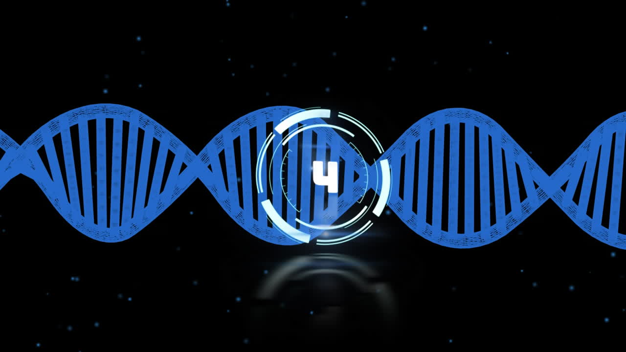 animación de la cuenta atrás sobre la cadena de adn en fondo negro