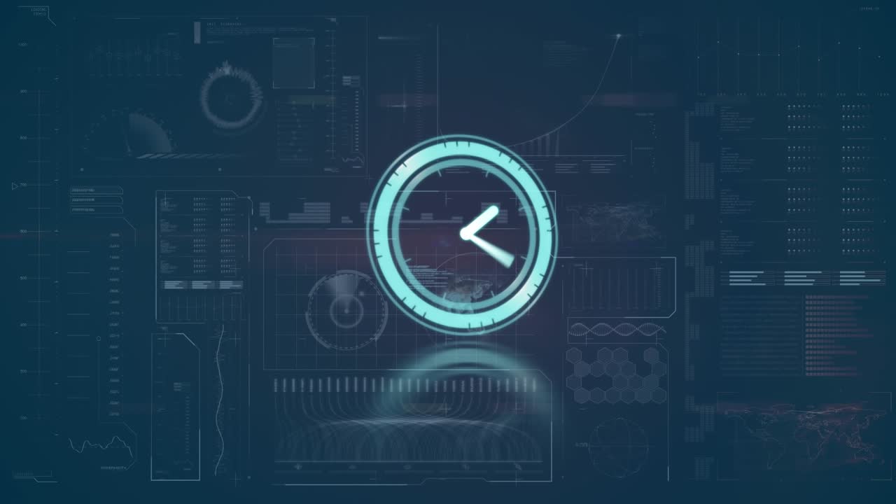 Animation of clock moving fast and data processing on screen