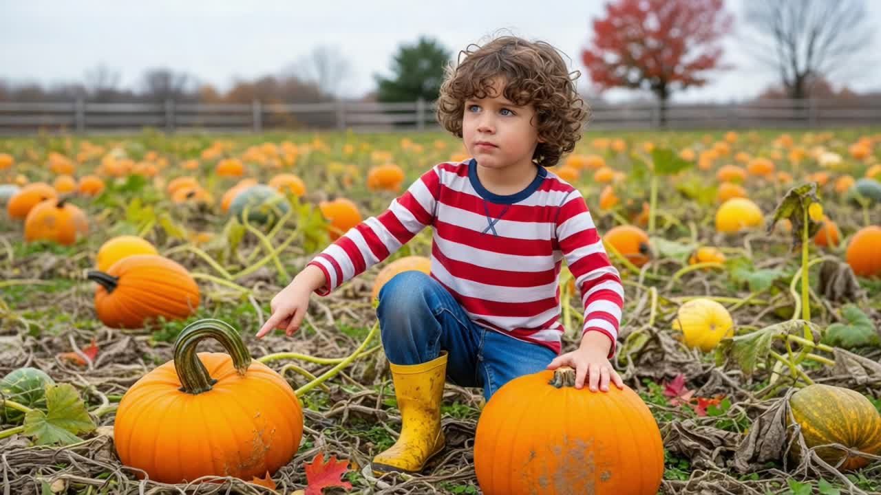 A Young Child Enjoys a Day in a Pumpkin Patch Surrounded by Bright Orange Pumpkins and Vibrant Fall Colors, Capturing the Joy of Autumn Harvesting