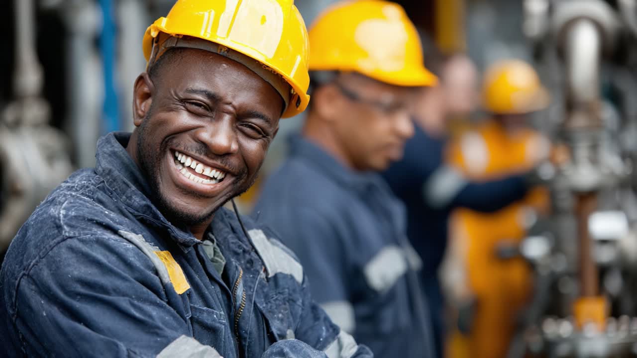 A Joyful Worker in Safety Gear Smiling for the Camera with Colleagues in Background Capturing Moments of Team Spirit and Professionalism on a Construction Site