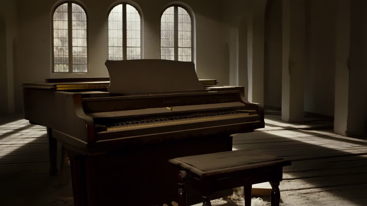 Dusty Grand Piano in an Old, Sunlit Room