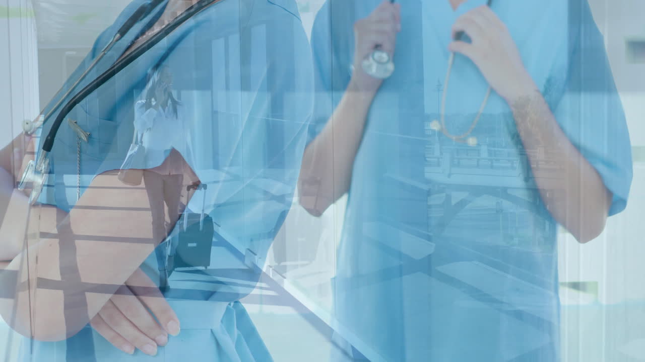 Healthcare duo working in hybrid layout, overlaying suitcase icon and stethoscope graphic