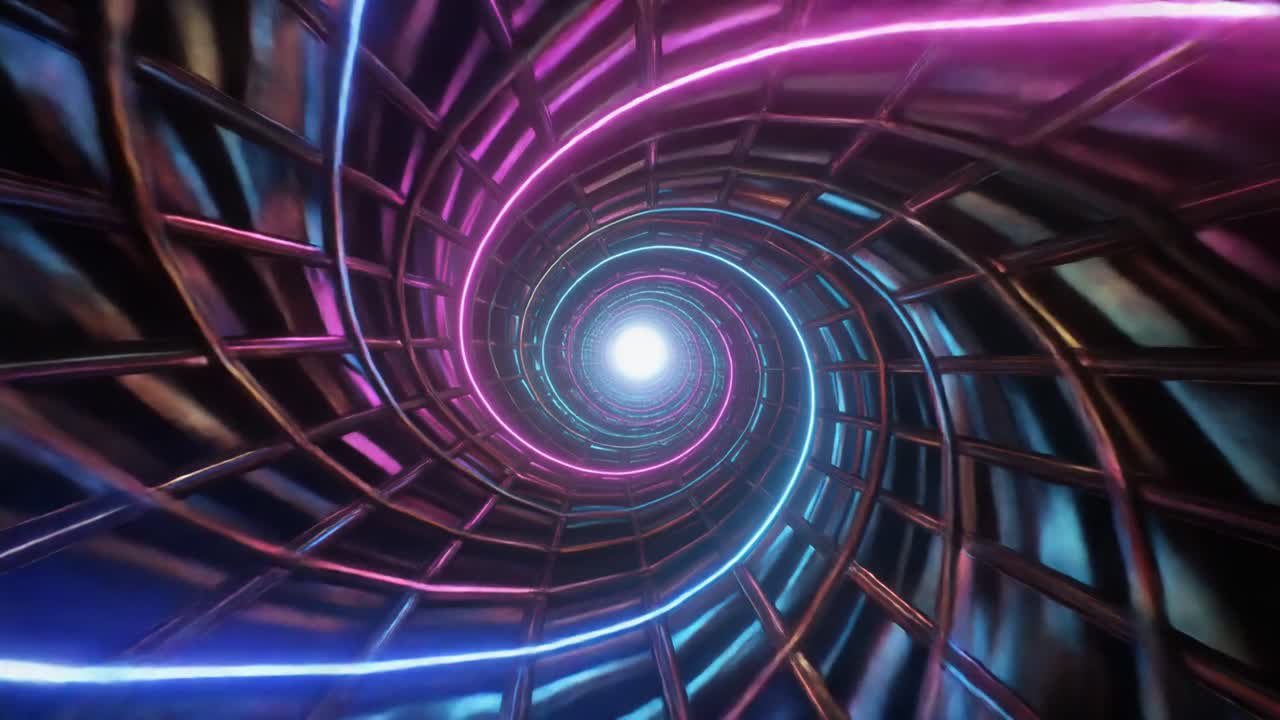 Flying Through a Futuristic Neon Light Spiral Tunnel