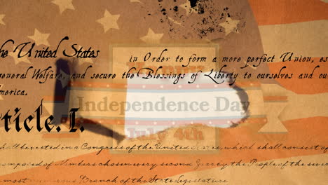 animation of constitution of america and independence text on torn american flag