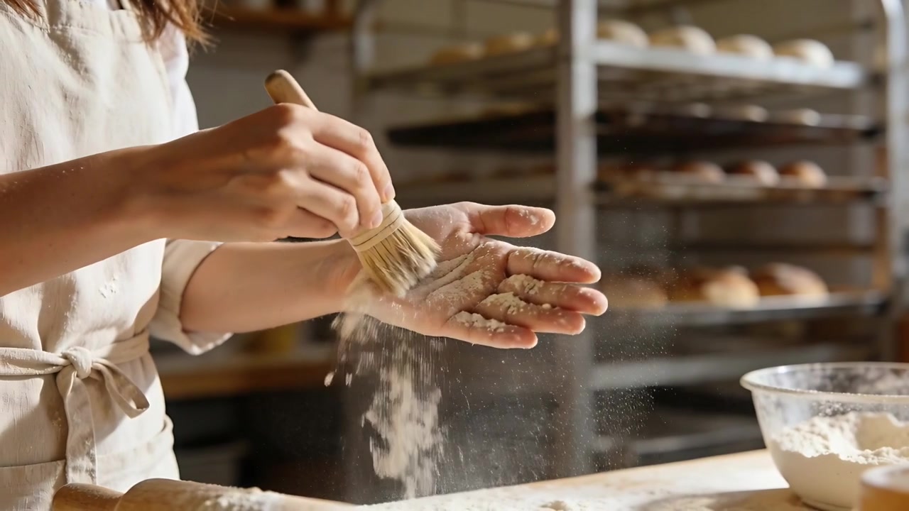 Mergulhando pincel de confeitaria em tigela de farinha, padeiro no balcão de avental bege enfarinhando a palma da mão, preparando a massa