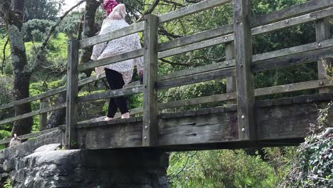 Slow-motion-zoom-in-towards-female-with-red-dreadlocks-walking-with-puppy-across-rural-wooden-bridge-crossing-countryside-stream