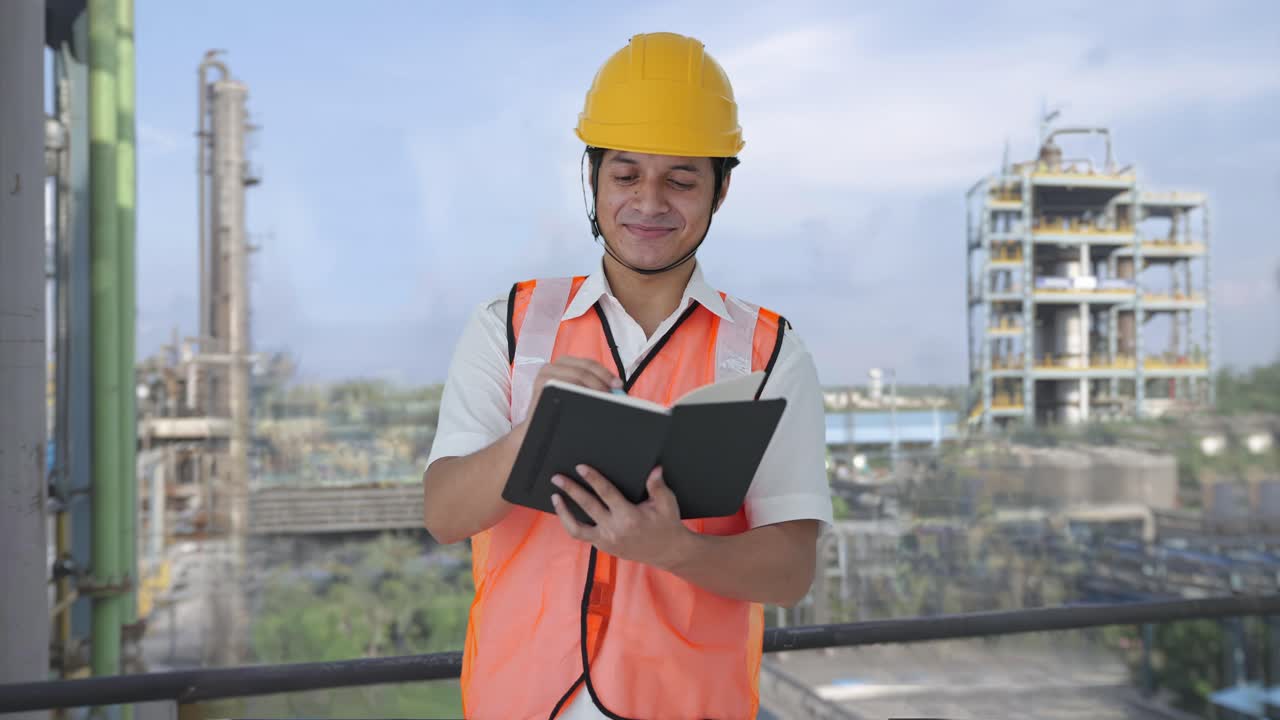 arquitecto indio feliz anotando los puntos del edificio