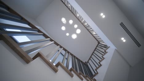 interior design stylish wooden stairs inside the house with modern wooden railings and walls decorated with trendy lamps. modern stairway or staircase inside in modern house interior