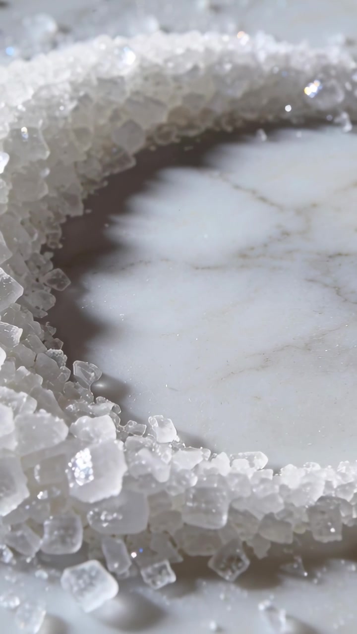 Vídeo vertical: Câmera deslizando revelando borda de cristal áspero em tampo de mármore, mostrando brilhos cintilantes
