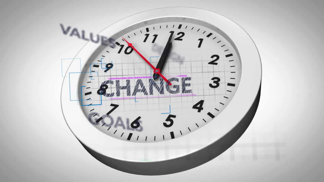 Animation of inspiration, value, solution over clock moving on grey background