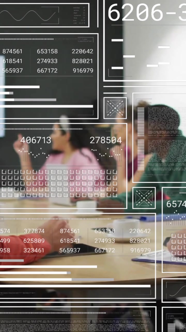 Animation of financial data processing over diverse business people in office
