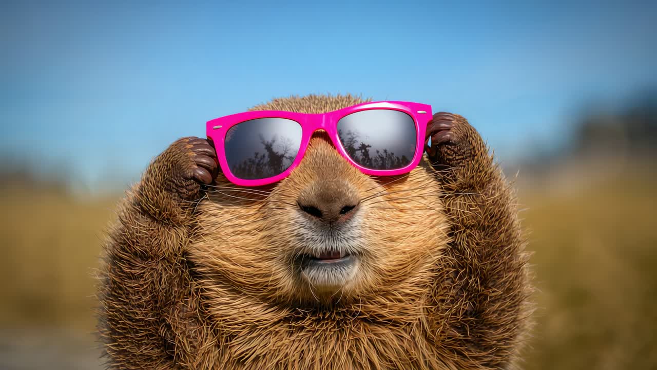 Ein niedriges, braunes Murmeltier, das auf die Sonne reagiert, eine rosa Sonnenbrille auf einer Wiese herunterzieht und seine Augen enthüllt