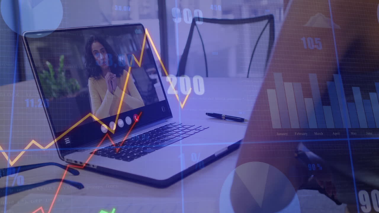 In office, businesswoman on video call with animation of financial graphs and charts