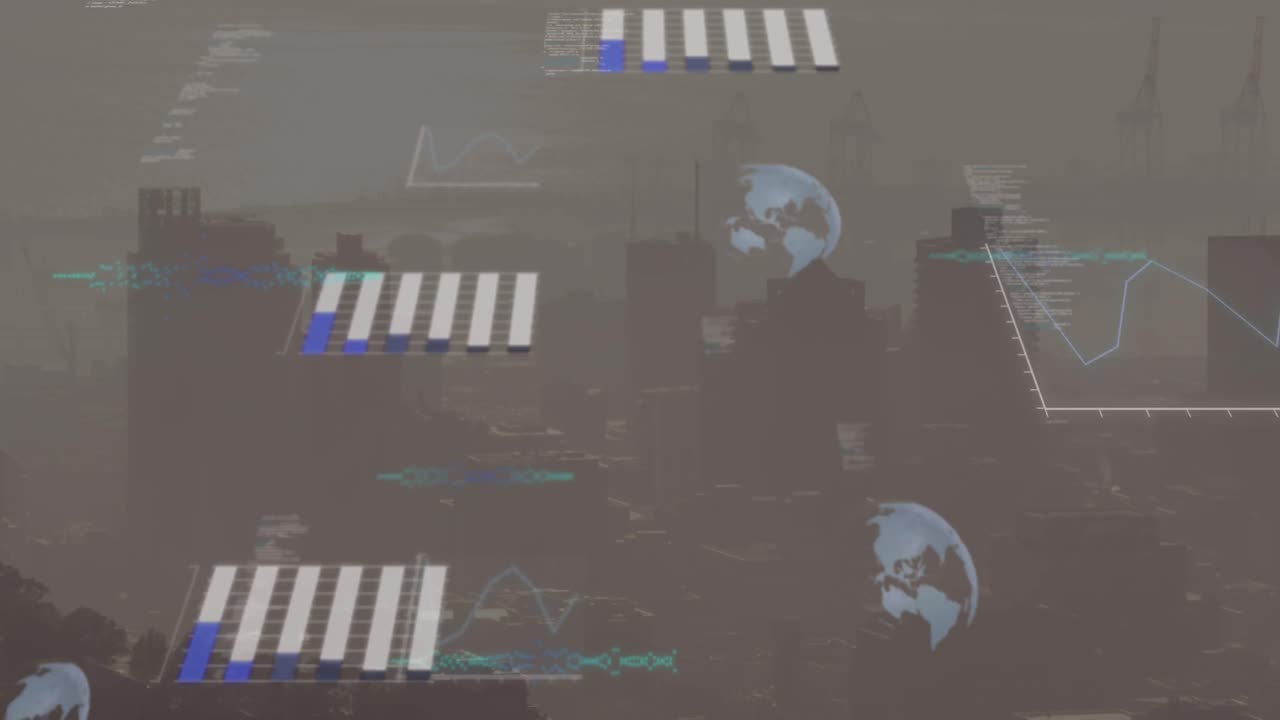 Animation of data processing against aerial view of cityscape