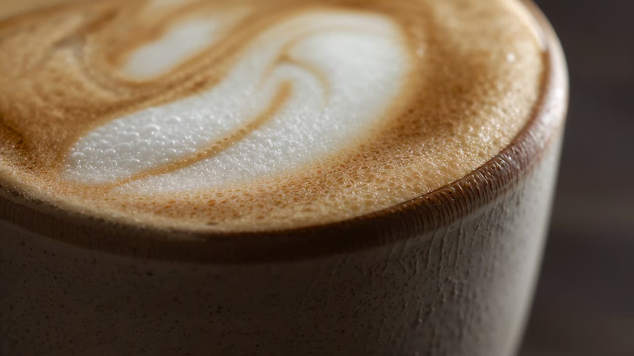Focusing camera showing textured beige cup on dark counter, revealing heart latte art and microfoam