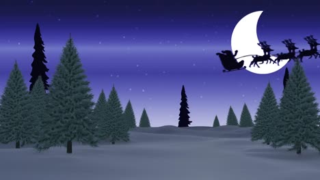 Animation-of-snow-falling-over-trees-on-blue-background