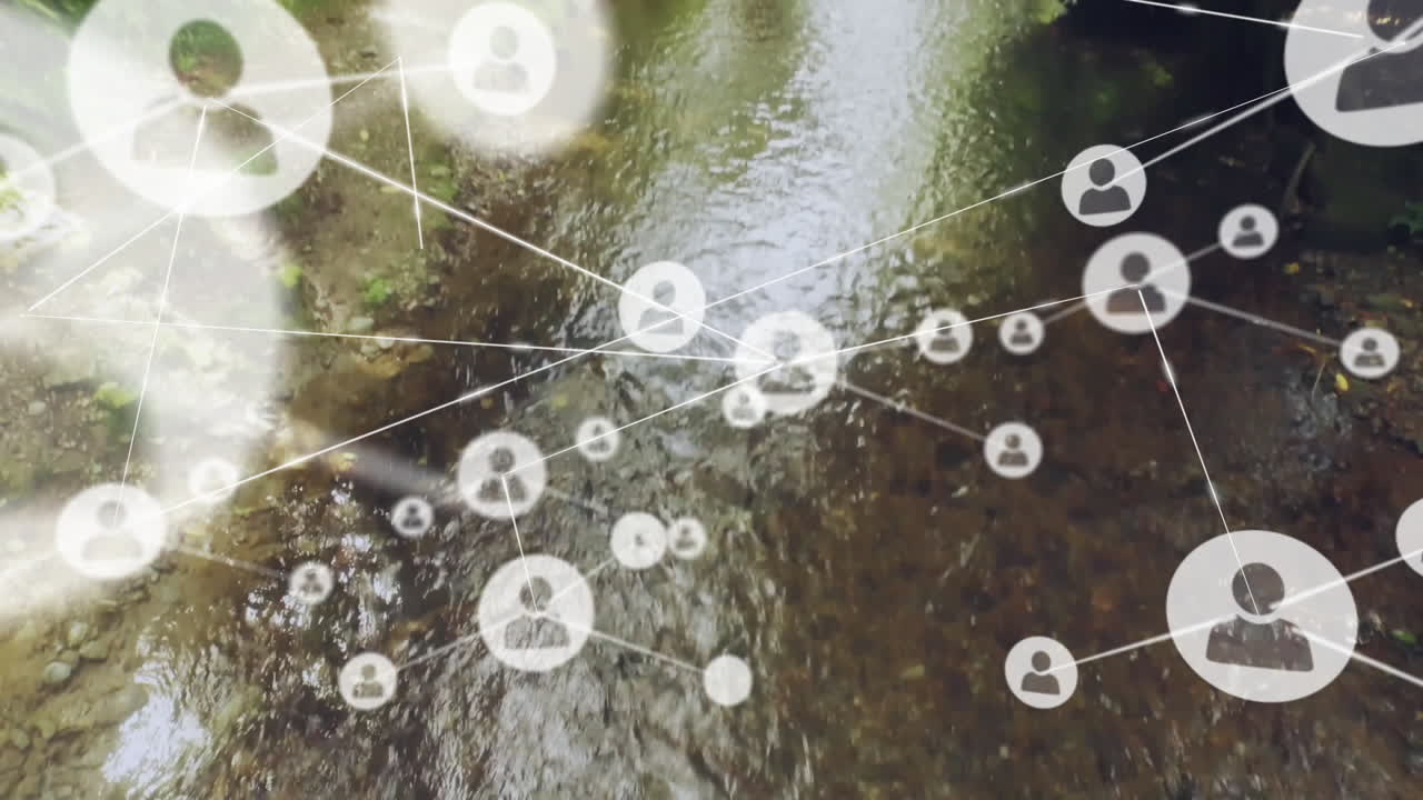 Digital network of white avatar icons floating above rocky creek, connecting with thin lines