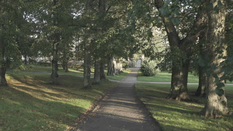 Zeitlupenaufnahme,-Gehen-Auf-Einer-Straße,-Vorbei-An-Grünen-Bäumen,-An-Einem-Kalten-Herbsttag,-Auf-Der-Insel-Suomenlinna,-In-Helsinki,-Finnland