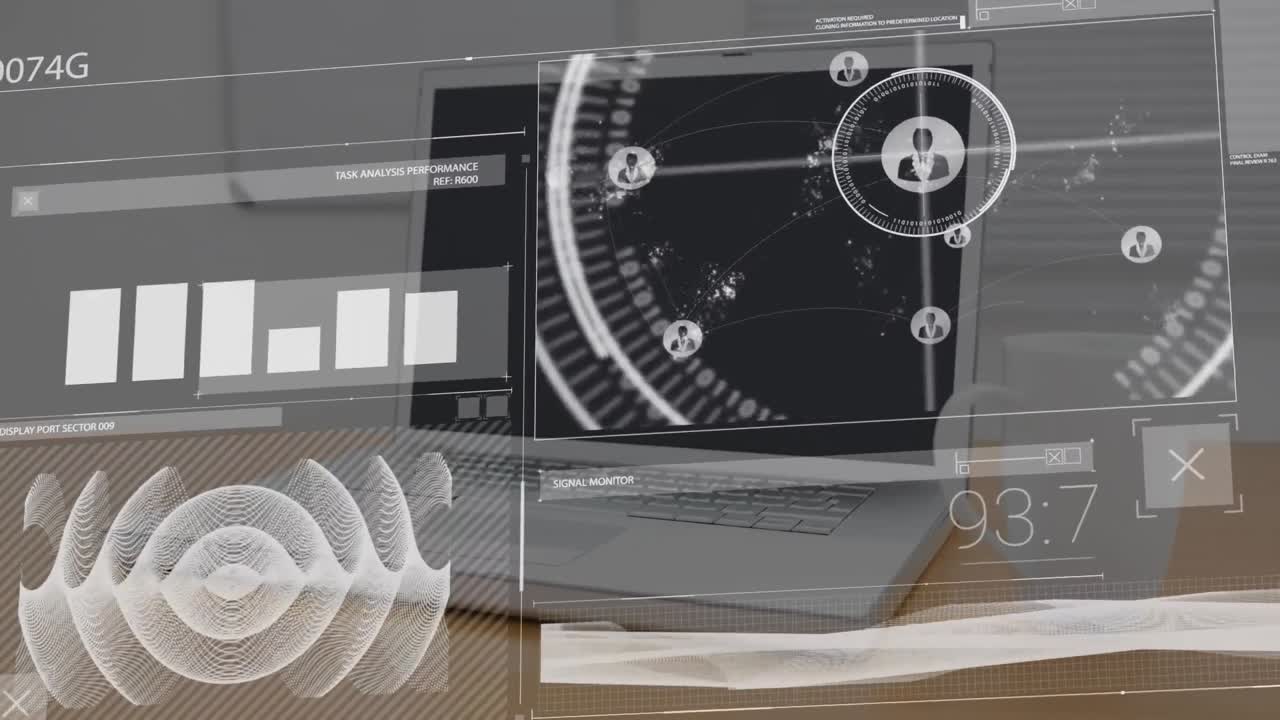 Digital composite video of digital interface with data processing against laptop on wooden surface
