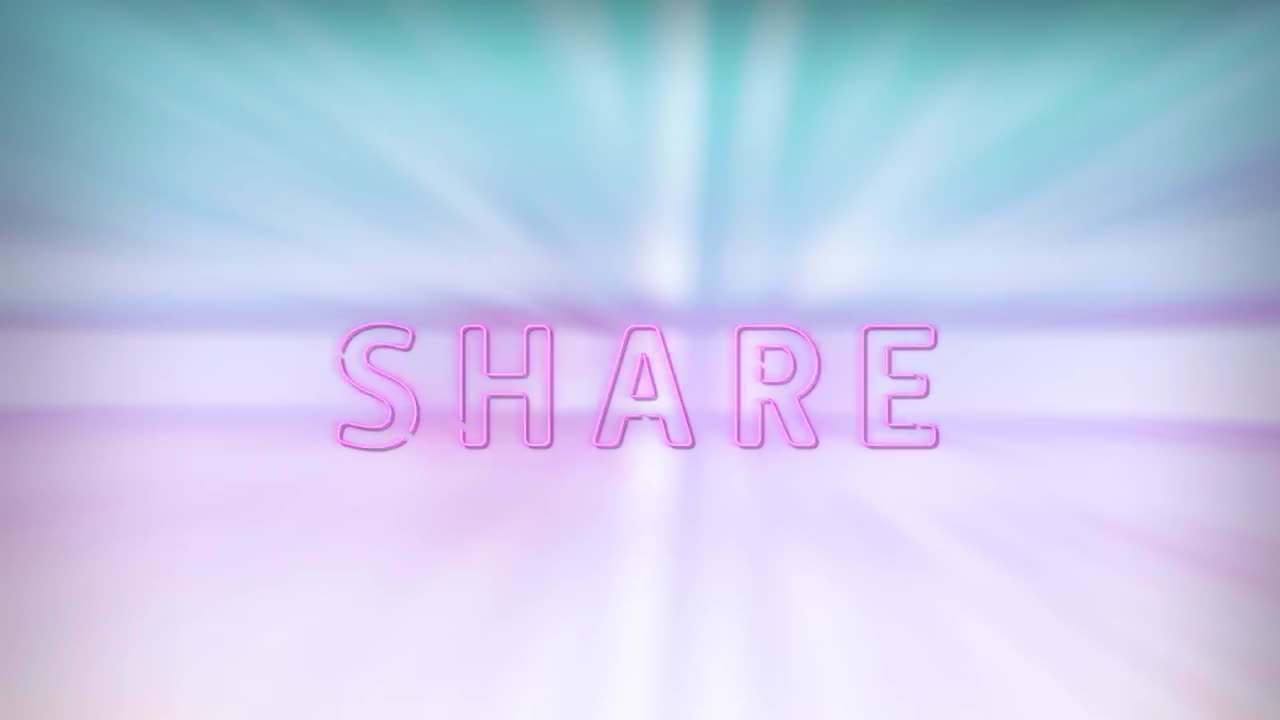 Animation of glowing pink color share text over abstract background